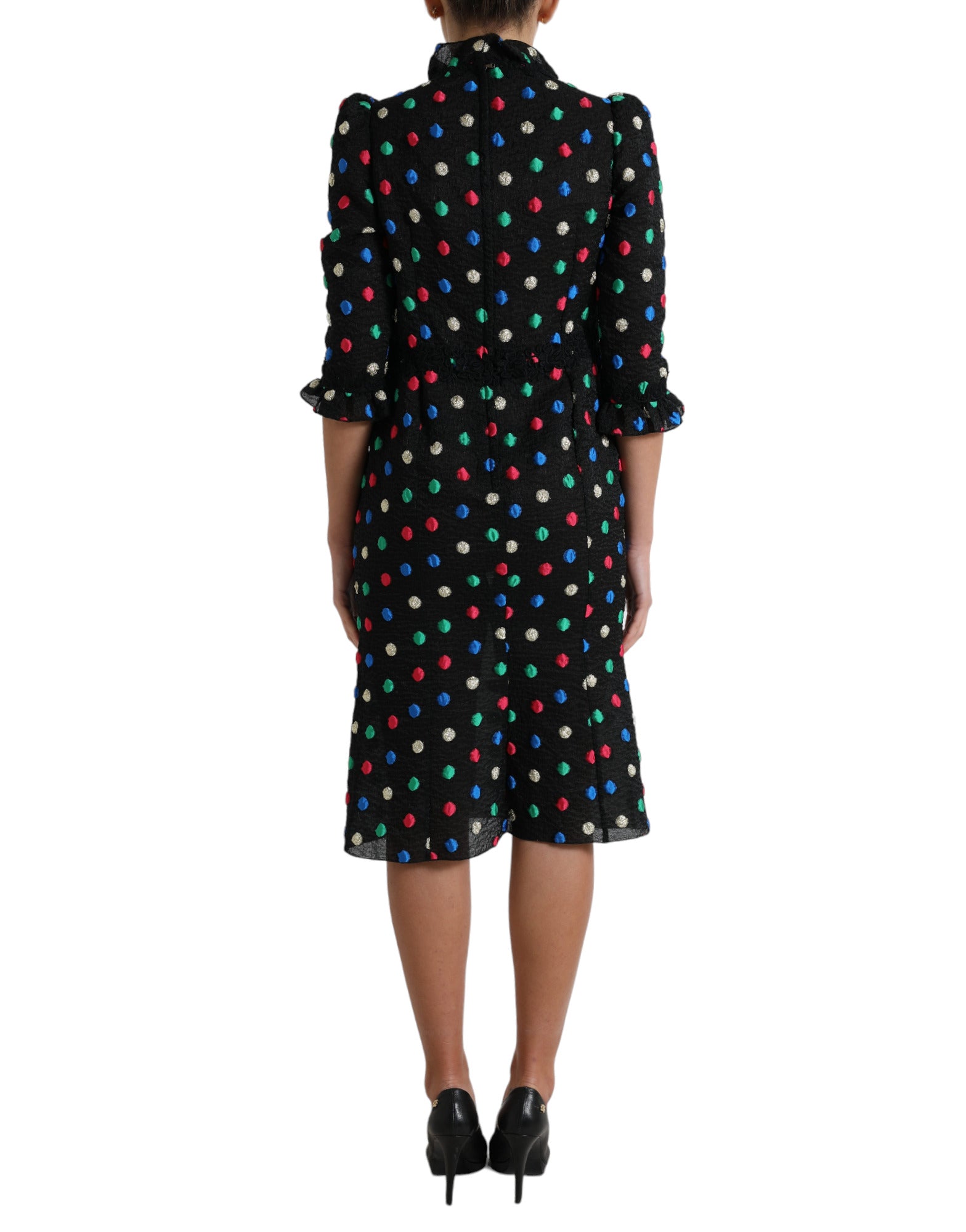 Elegant polka dot midi dress with high neckline