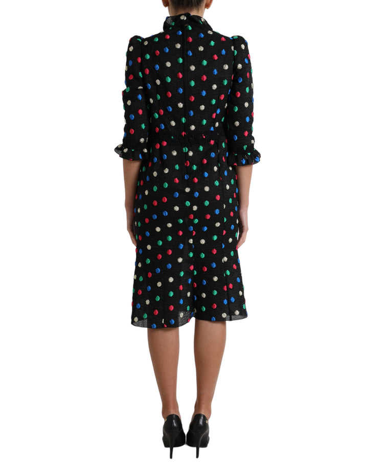 Elegant polka dot midi dress with high neckline
