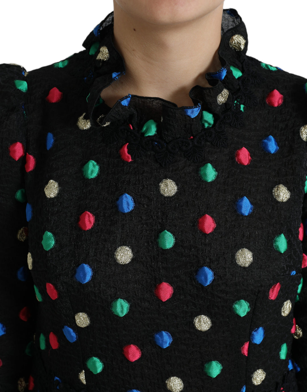 Elegant polka dot midi dress with high neckline
