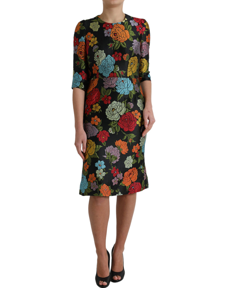 Schwarzes knielanges Kleid mit Blumenstickerei