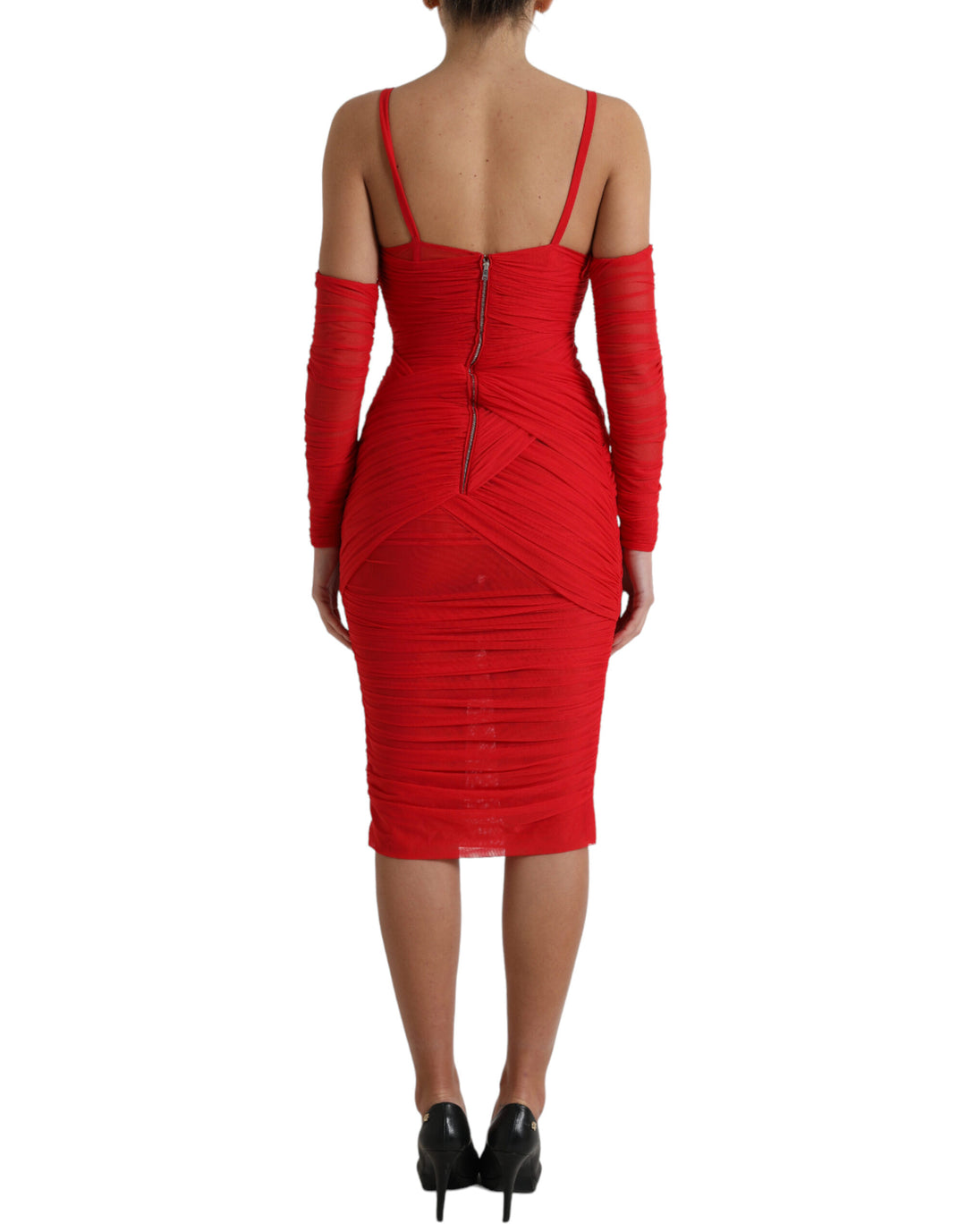 Bright red midi dress made of stretch satin