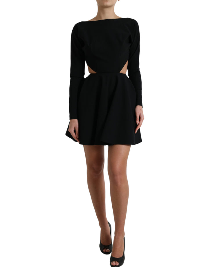 Schwarzes Minikleid aus Viskose mit langen Ärmeln und Ausschnitt