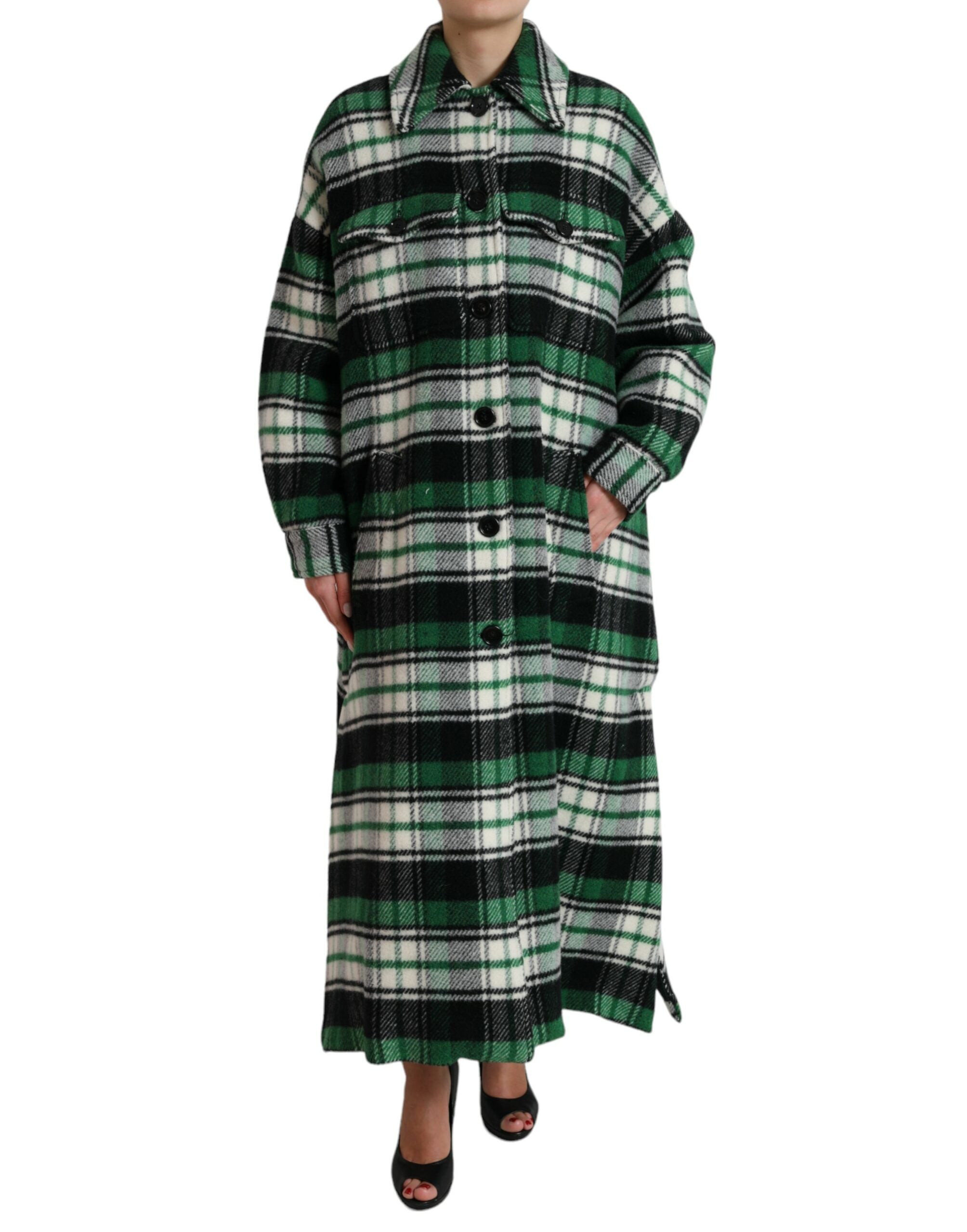 Elegant green checked long coat