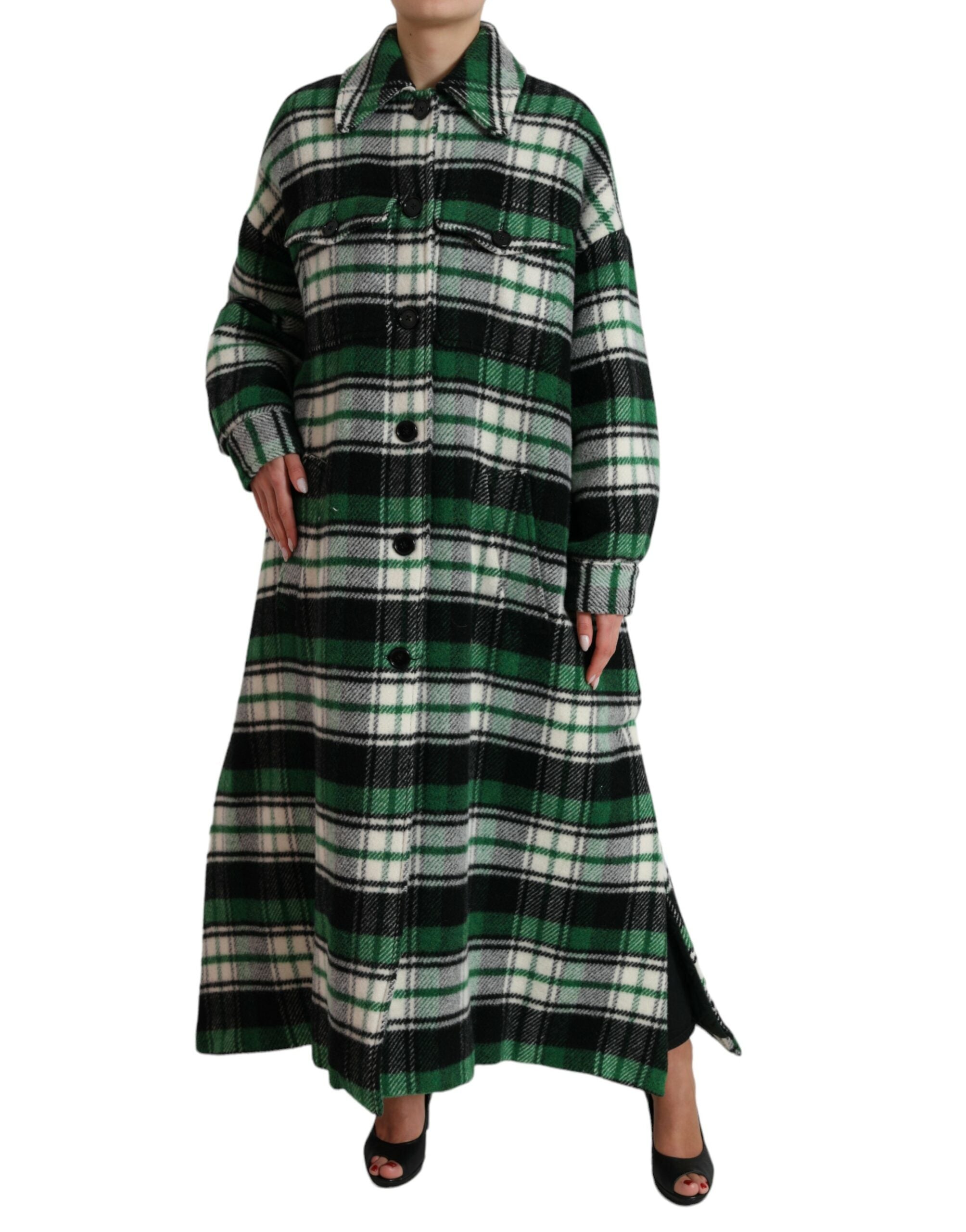Elegant green checked long coat