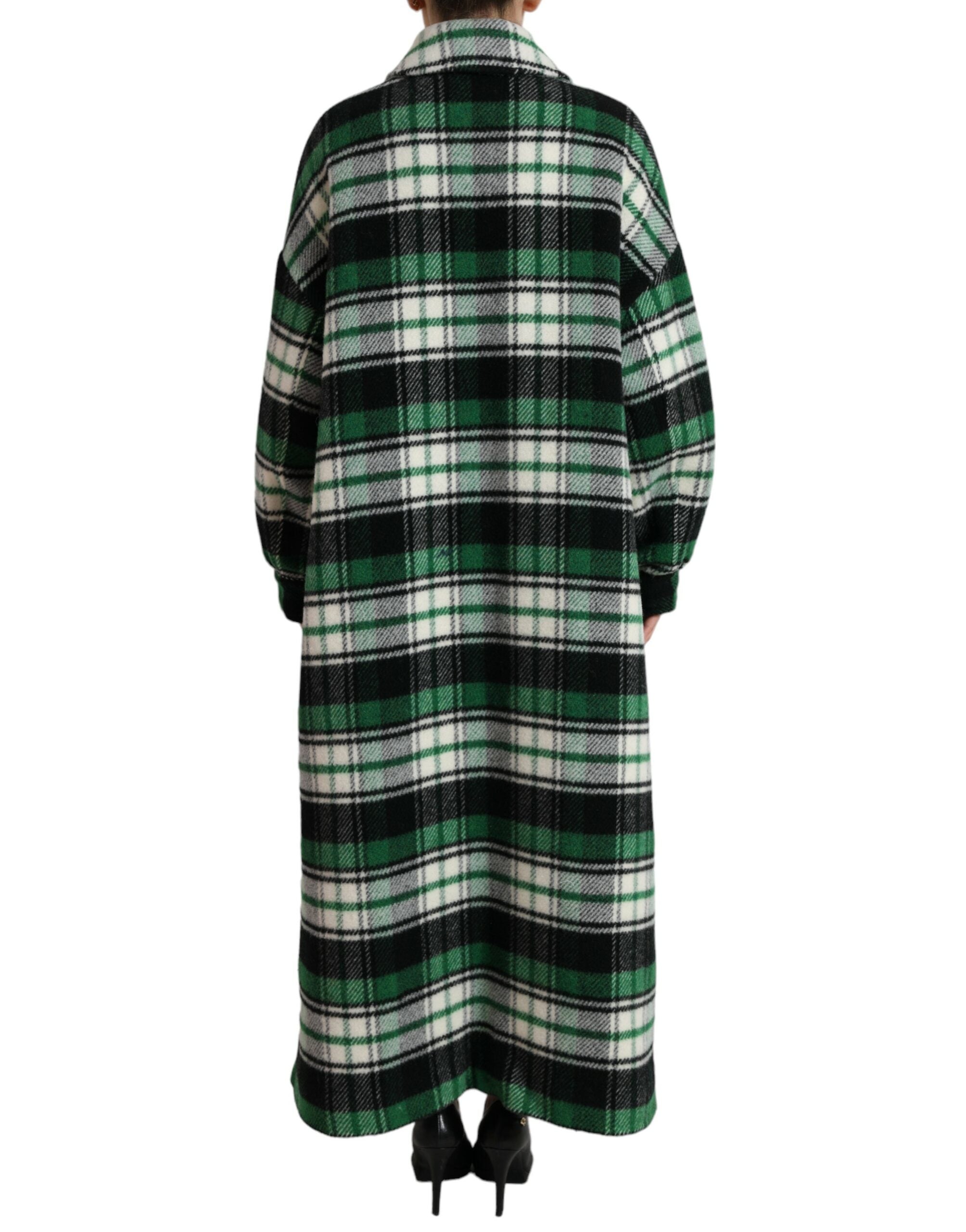 Elegant green checked long coat