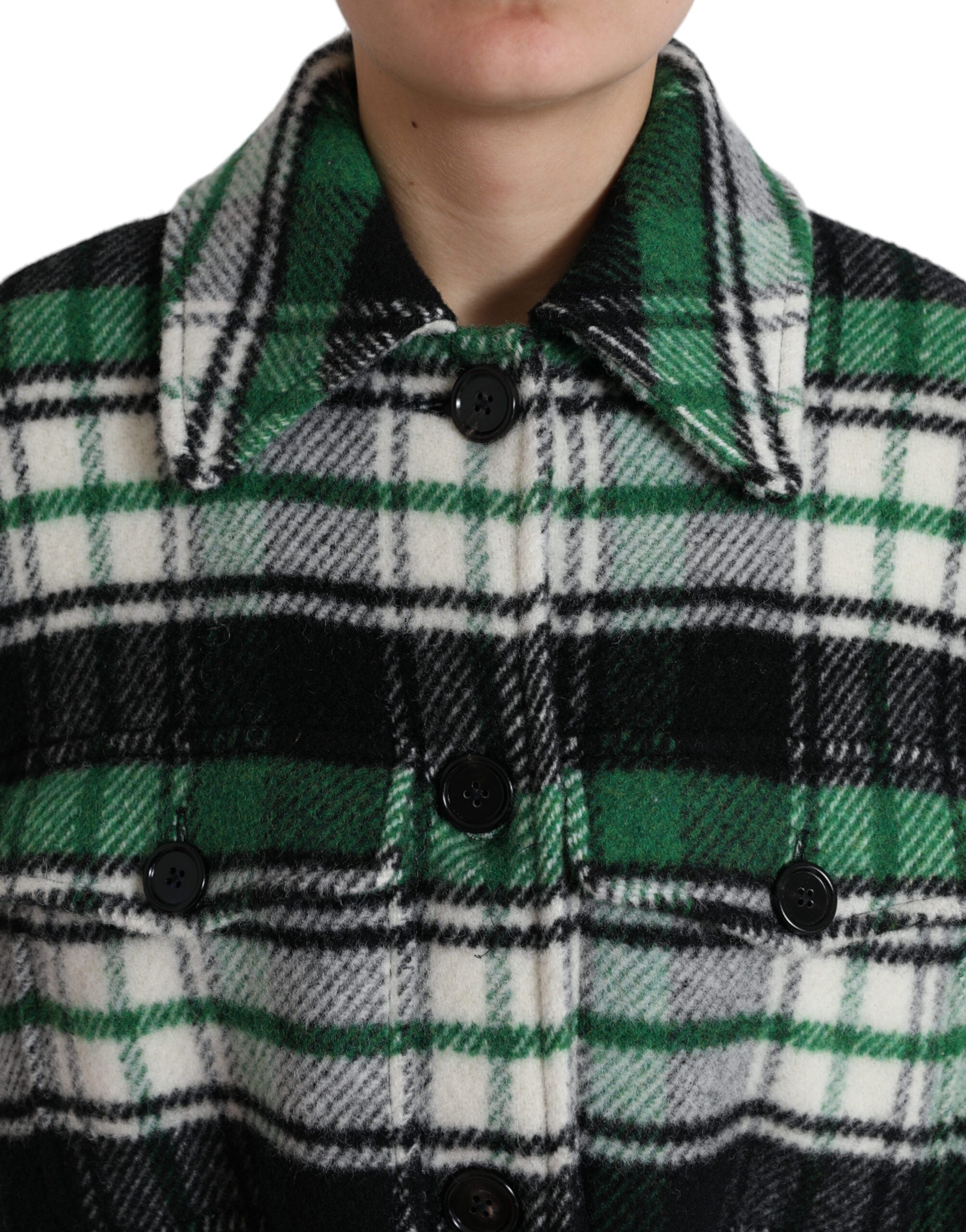Elegant green checked long coat