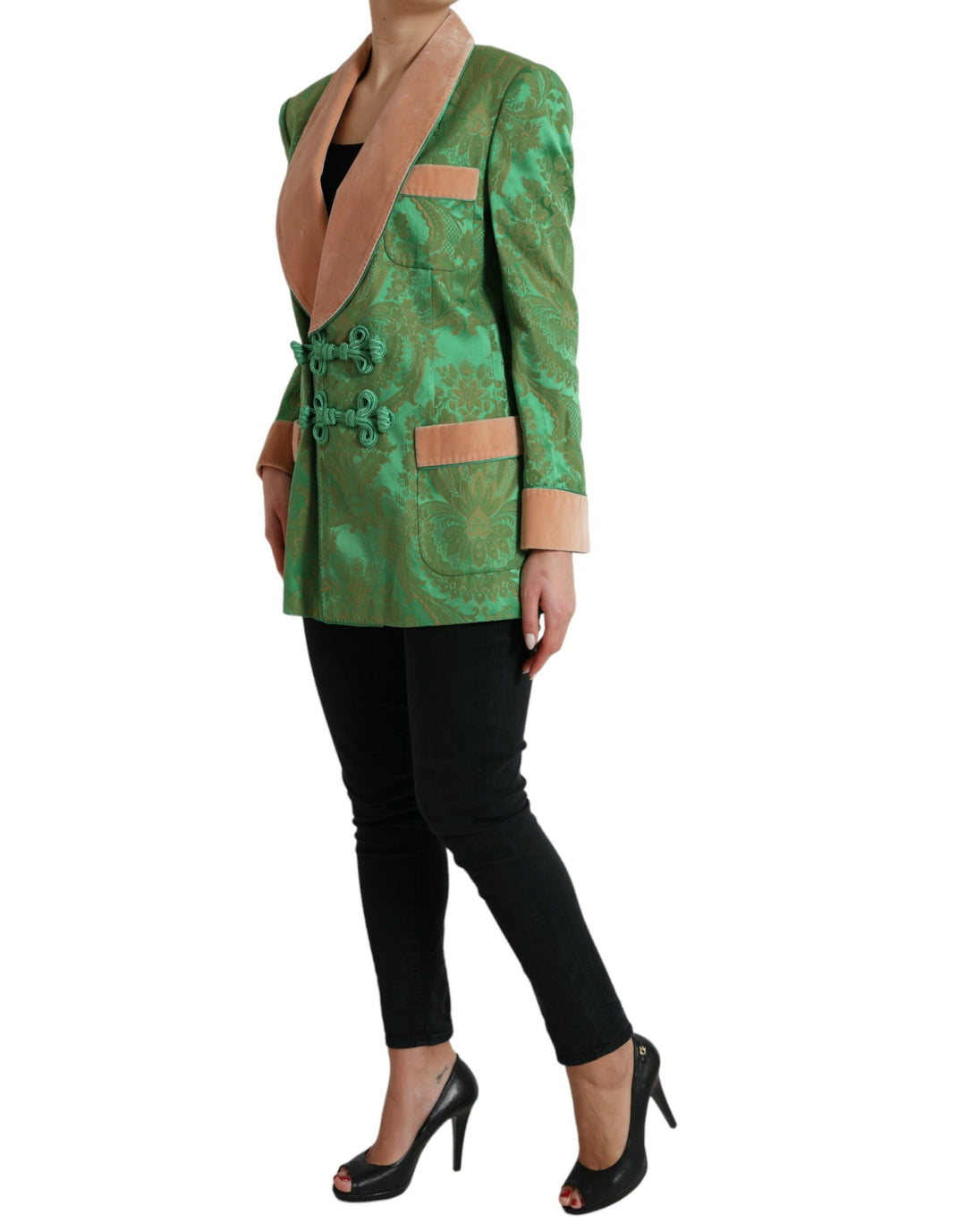 Grüner geblümter Zweireiher Mantel Jacke