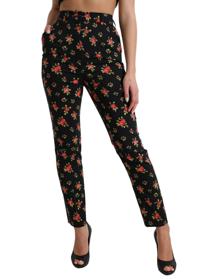 Elegant tapered trousers with high waist and floral pattern
