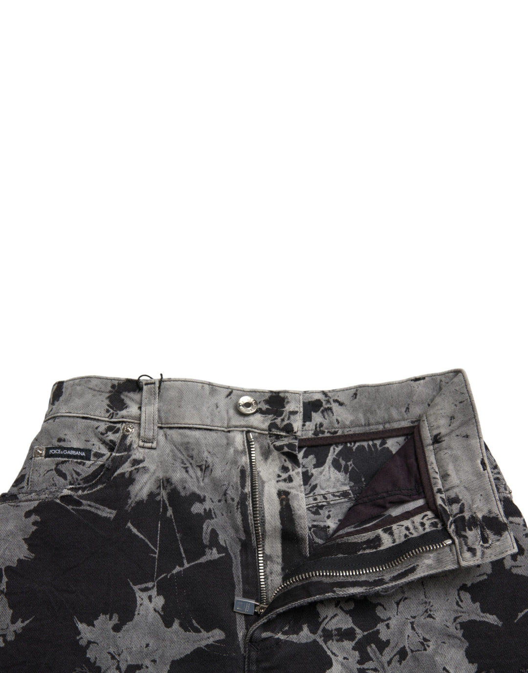 Schwarzer grauer Spitzen-Baumwollminirock mit hoher Taille aus Denim