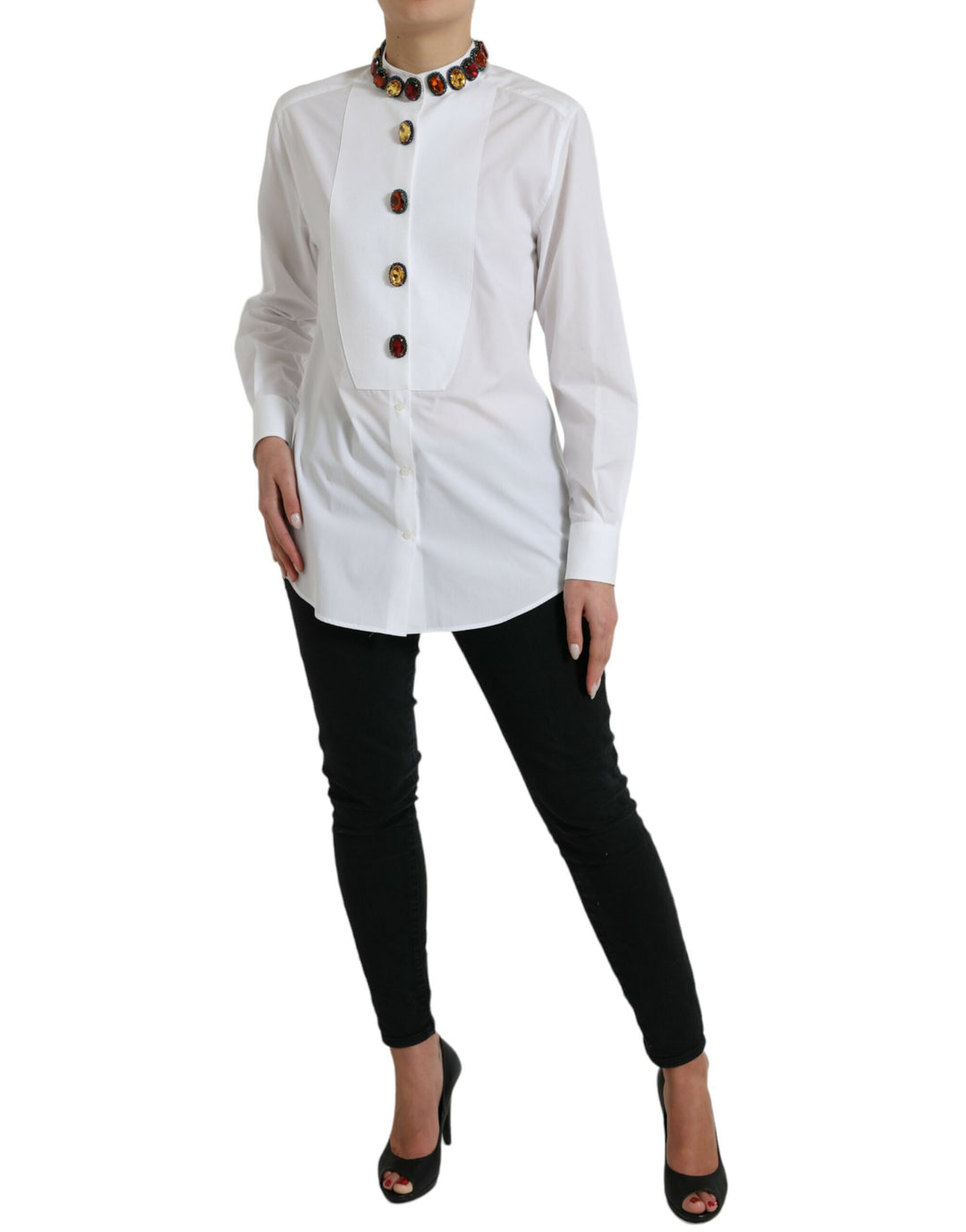 Weißes, mit Kristallen verziertes Baumwollshirt-Top