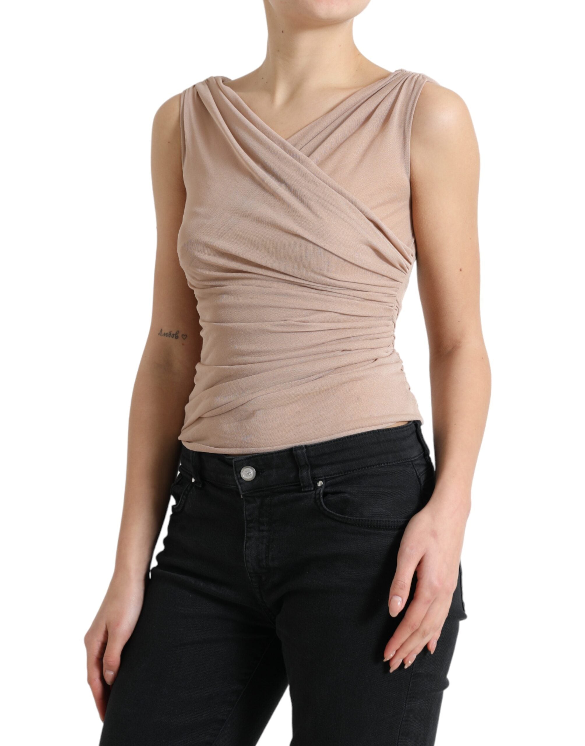 Elegant beige sleeveless see-through tank top with V-neck