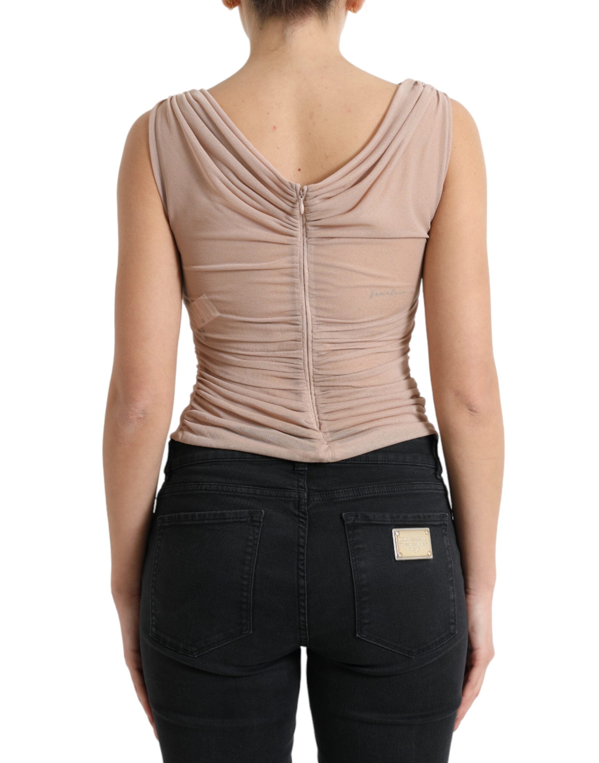 Elegant beige sleeveless see-through tank top with V-neck
