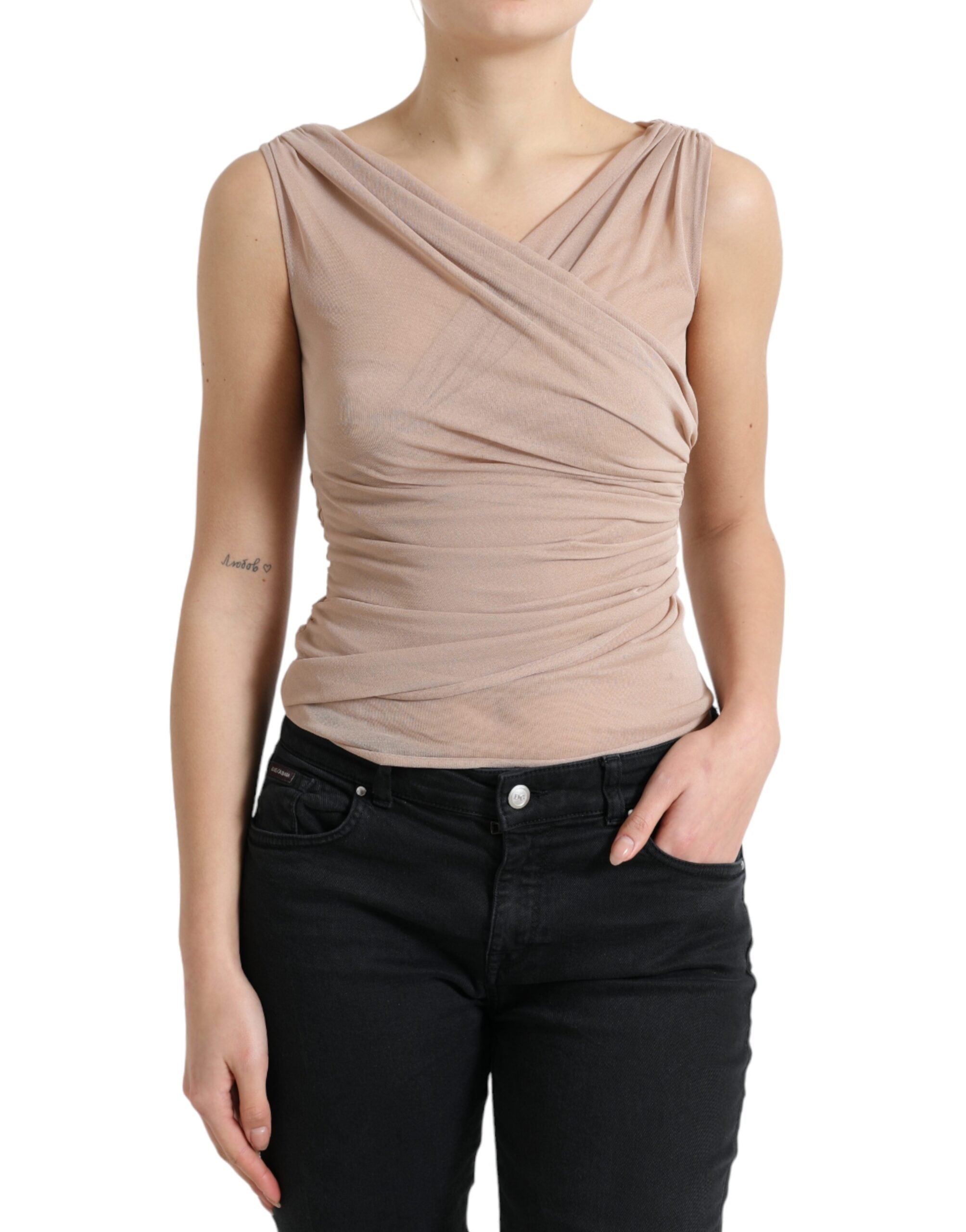 Elegant beige sleeveless see-through tank top with V-neck