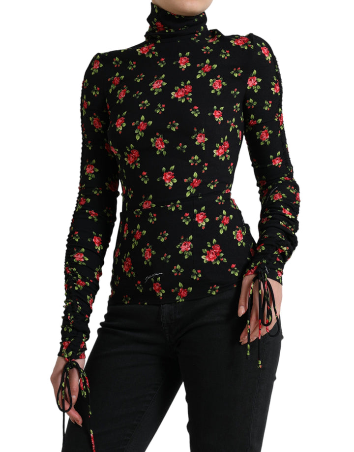 Schwarzes Rollkragenblusentop mit Rosendruck