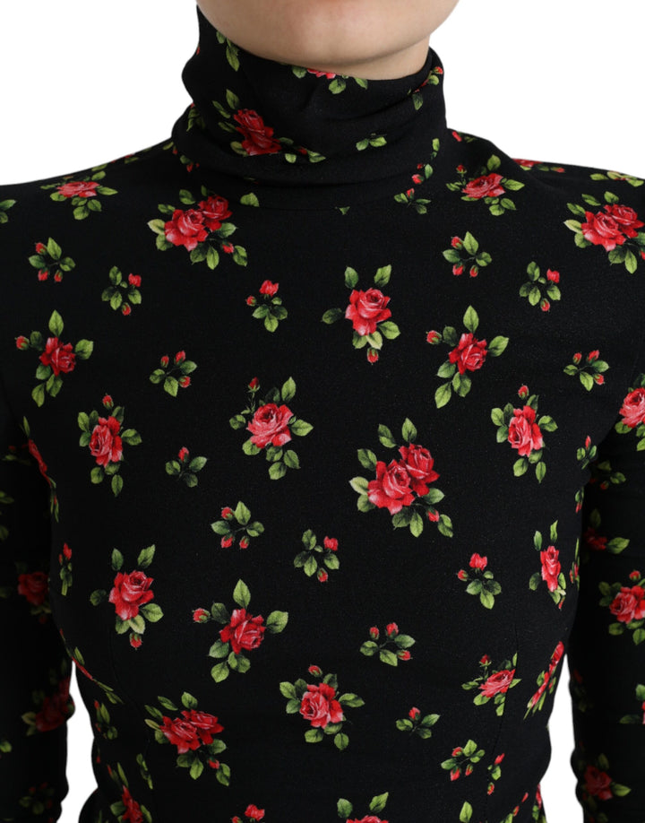 Schwarzes Rollkragenblusentop mit Rosendruck