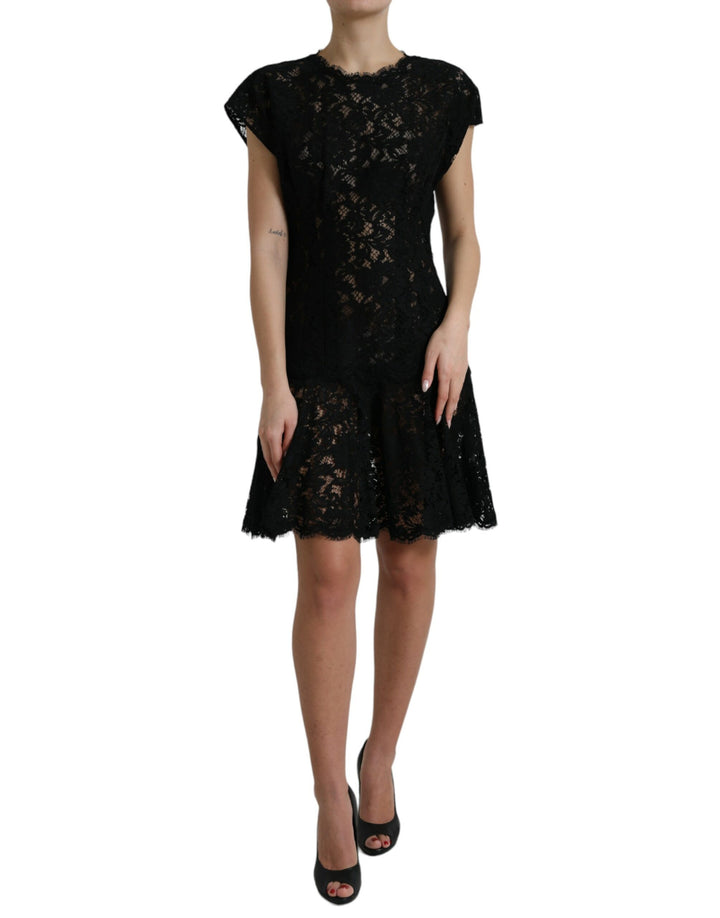 Elegant black A-line mini dress made of floral lace