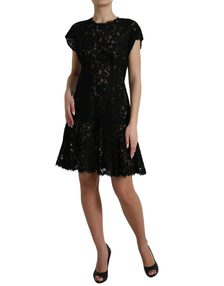 Elegant black A-line mini dress made of floral lace