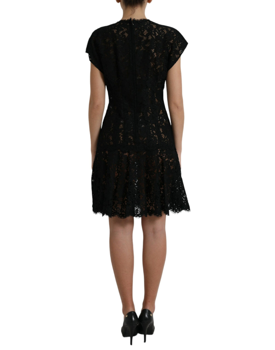 Elegant black A-line mini dress made of floral lace