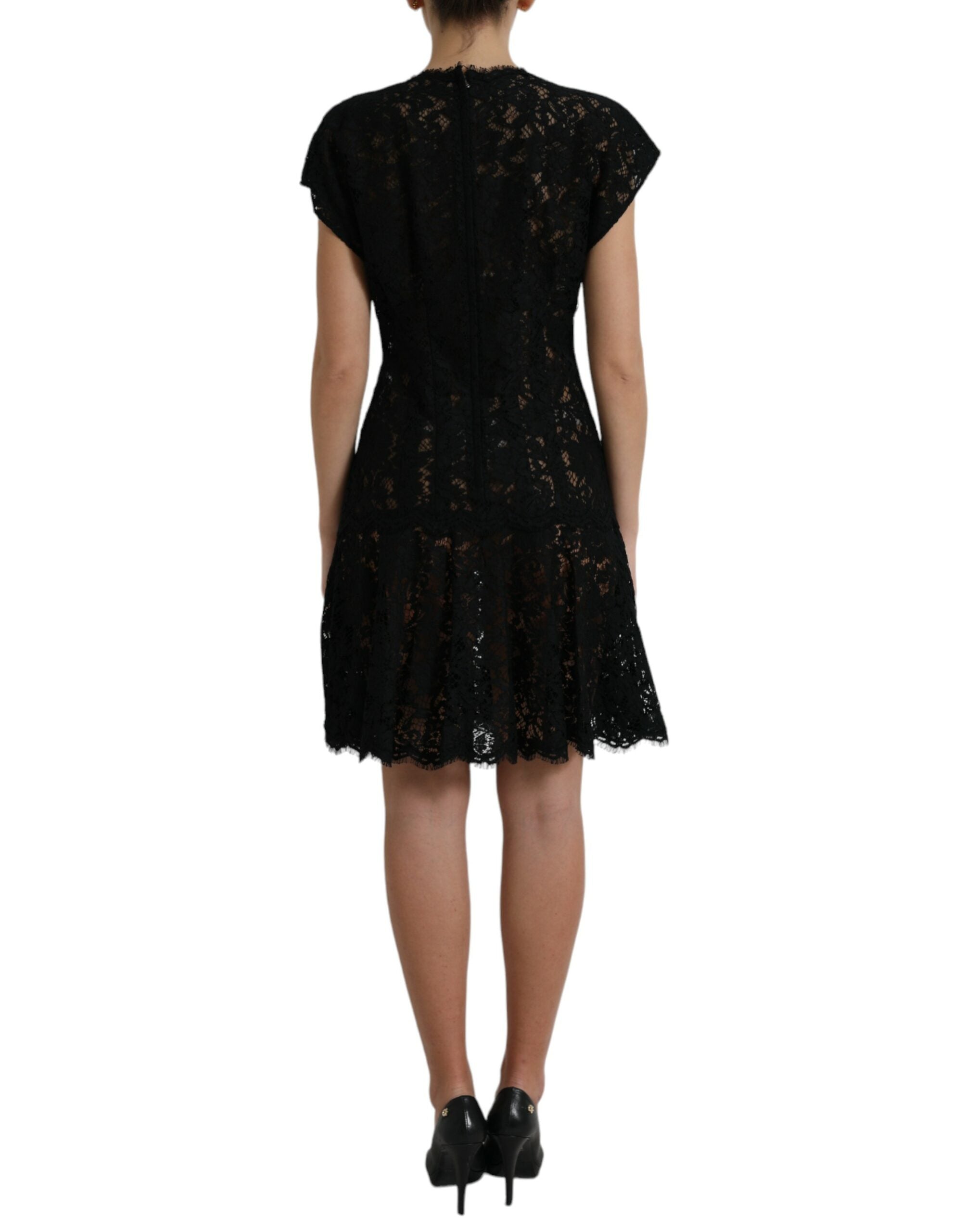 Elegant black A-line mini dress made of floral lace