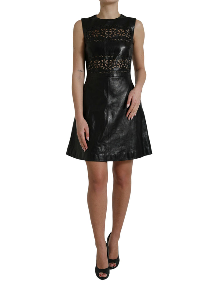 Glänzend Schwarzes Nylon Ausschnitt A-Linie Minikleid