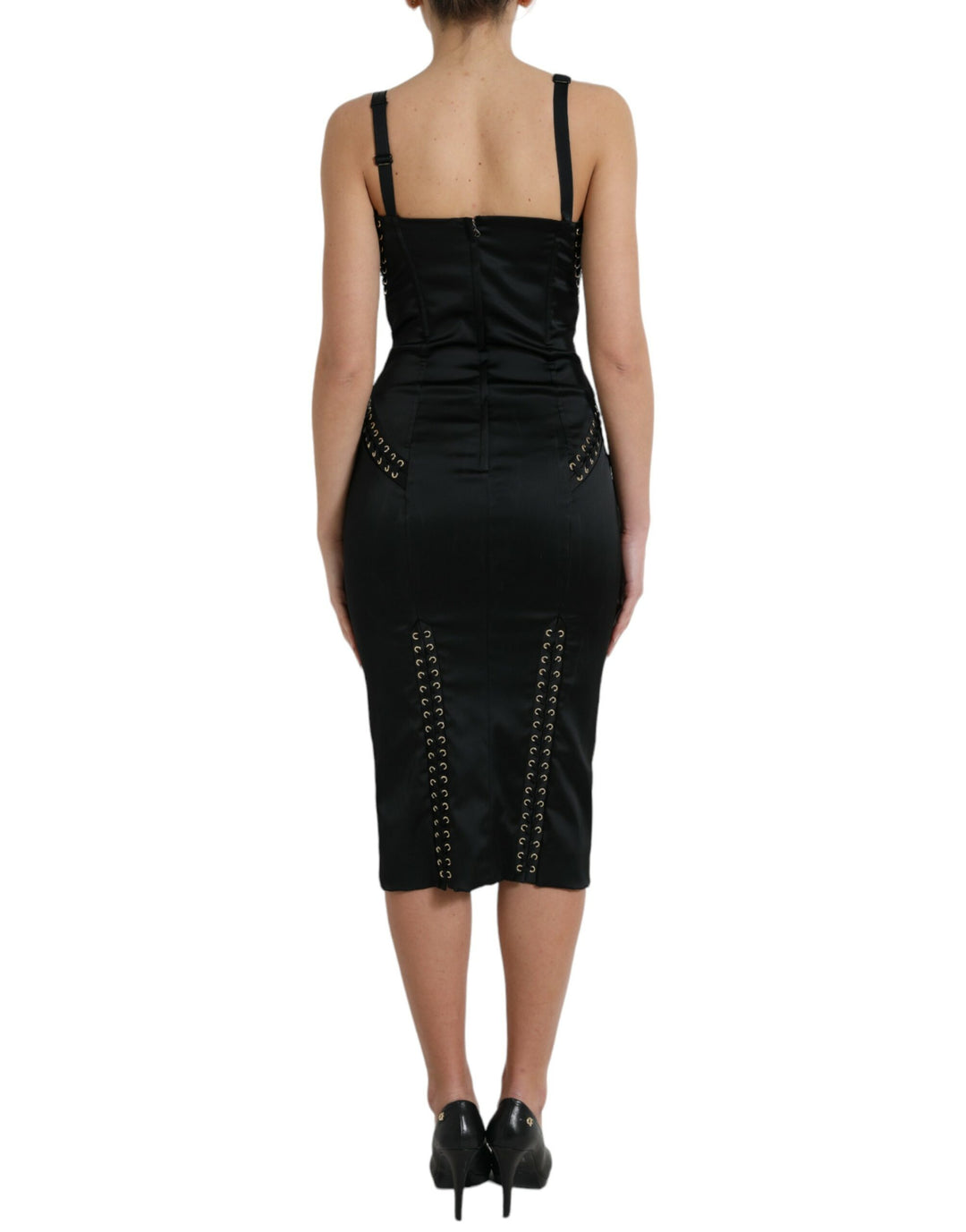 Elegant black midi bodycon dress with lace-up detail