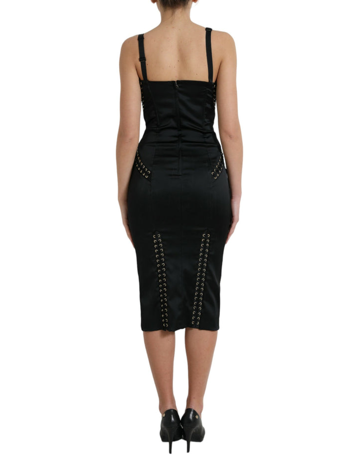 Elegant black midi bodycon dress with lace-up detail