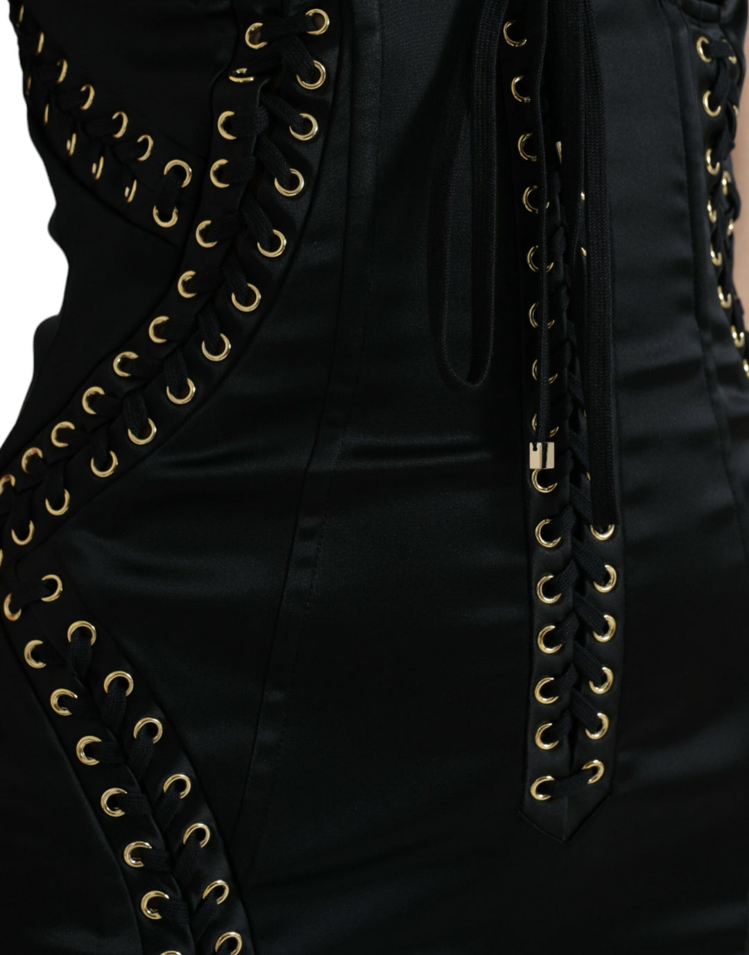 Elegant black midi bodycon dress with lace-up detail
