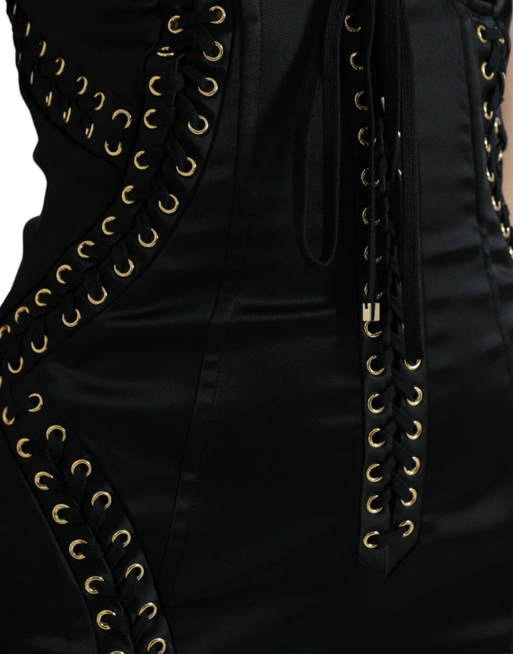 Elegant black midi bodycon dress with lace-up detail