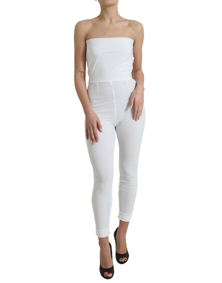 Weißes Nylon trägerloses Bodycon Jumpsuit Kleid