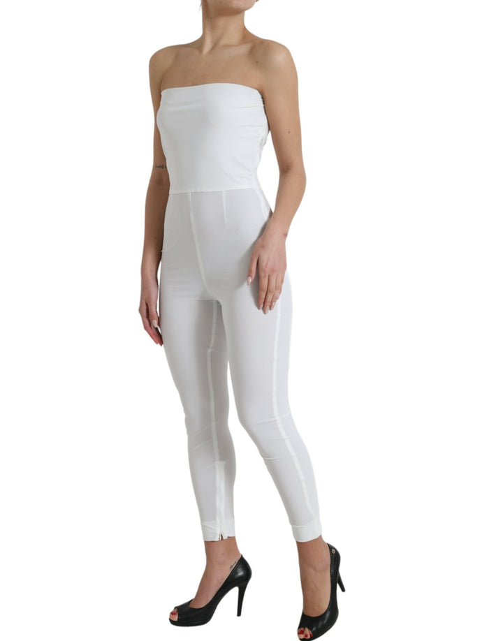 Weißes Nylon trägerloses Bodycon Jumpsuit Kleid