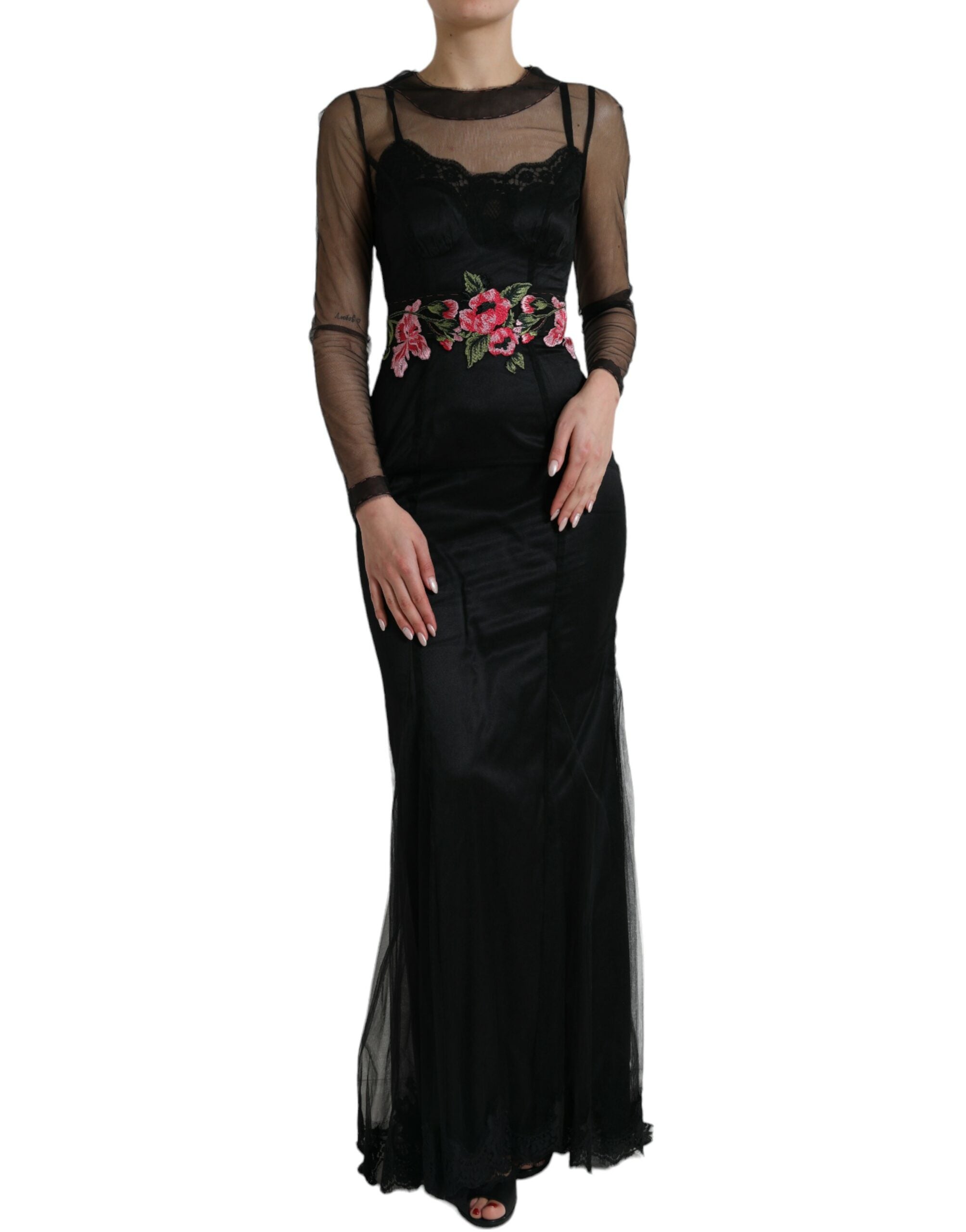 Long tulle evening dress with floral embroidery
