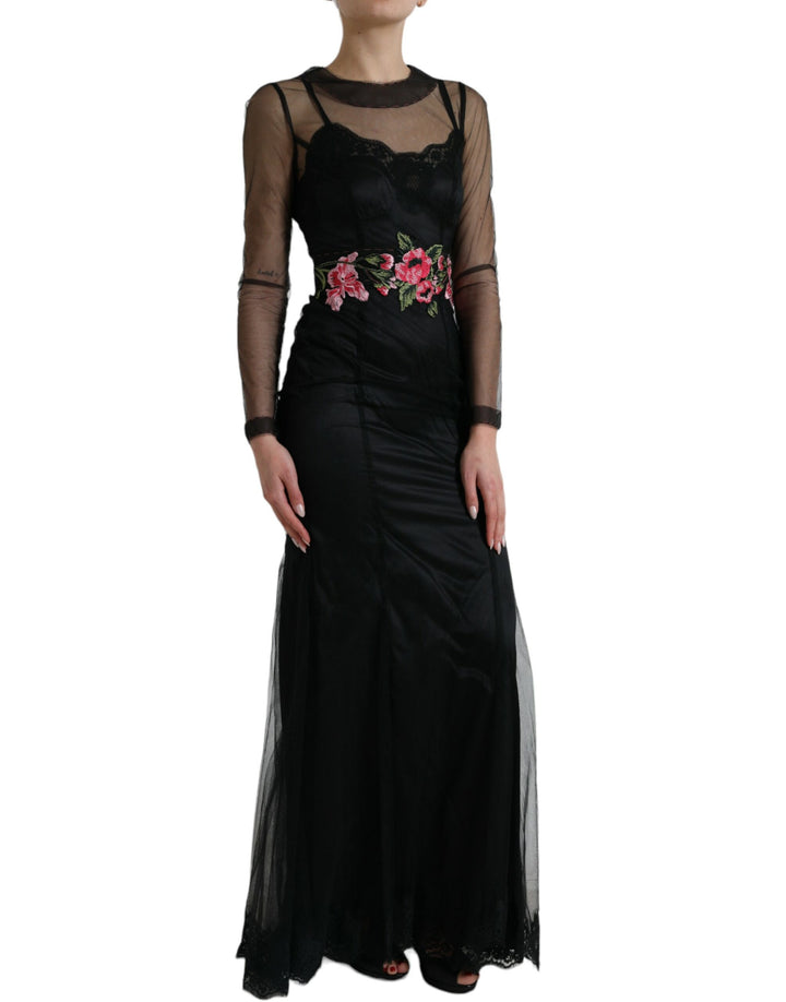 Schwarzes Kleid mit floraler Stickerei aus Mesh-Tüll