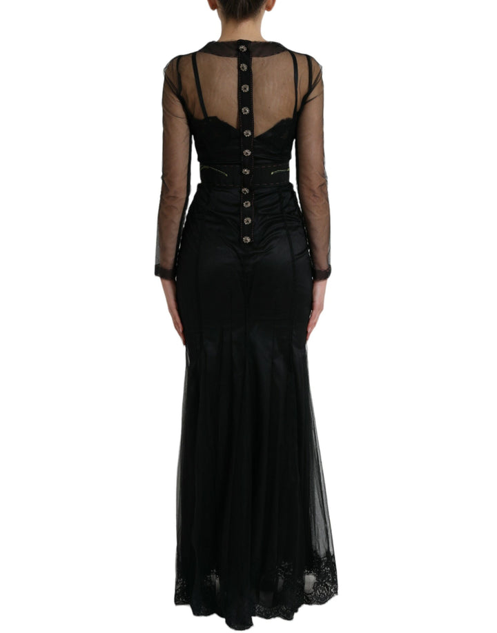 Schwarzes Kleid mit floraler Stickerei aus Mesh-Tüll