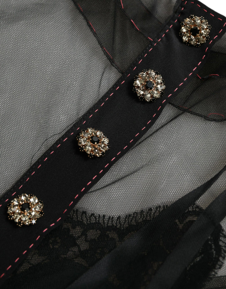 Schwarzes Kleid mit floraler Stickerei aus Mesh-Tüll
