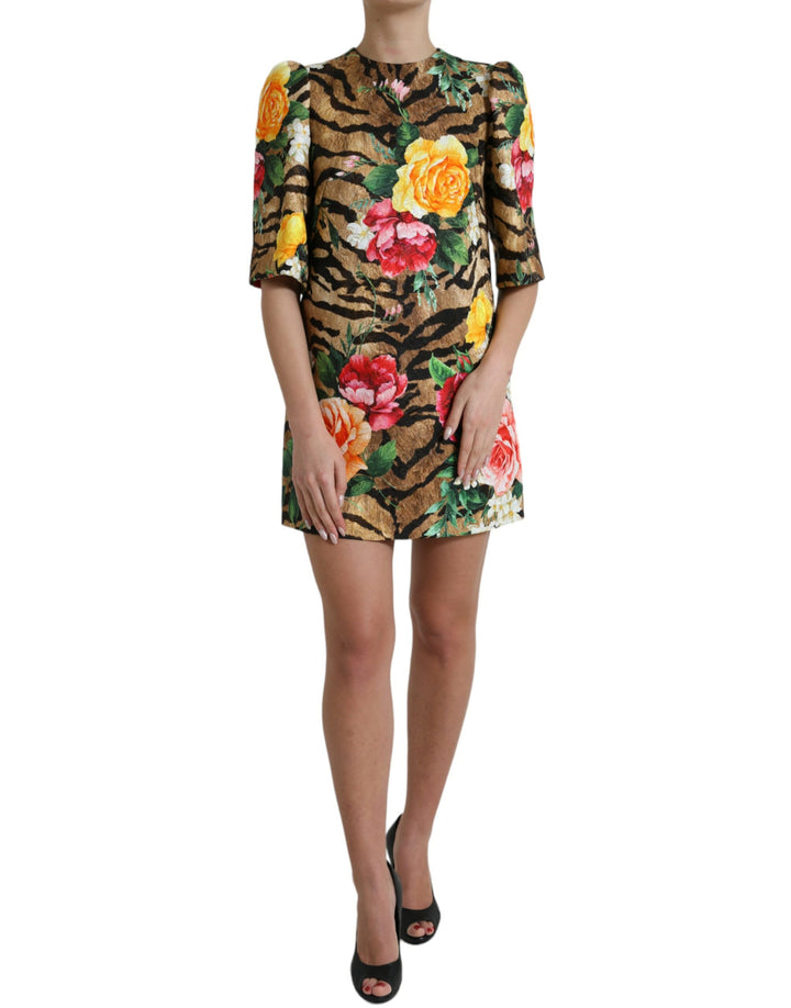 Mini shift dress with animal and floral print