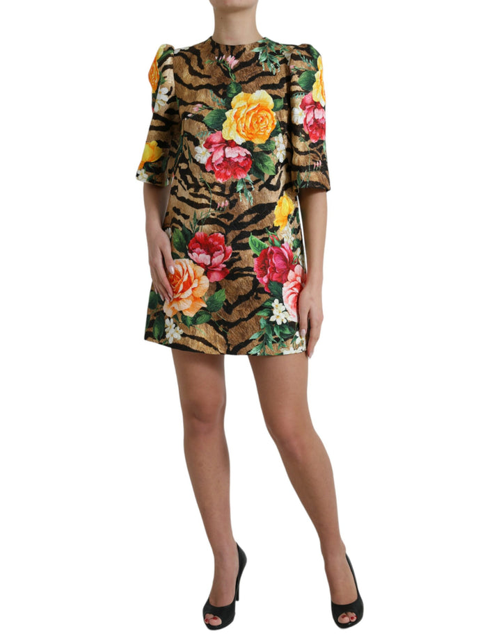 Mini shift dress with animal and floral print