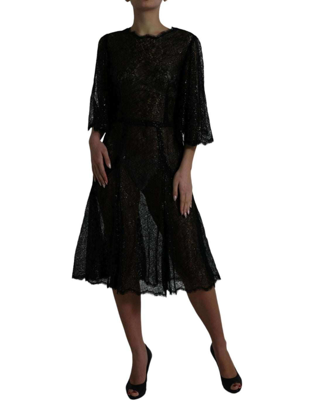 Schwarzes Midikleid mit floraler Spitze in A-Linie