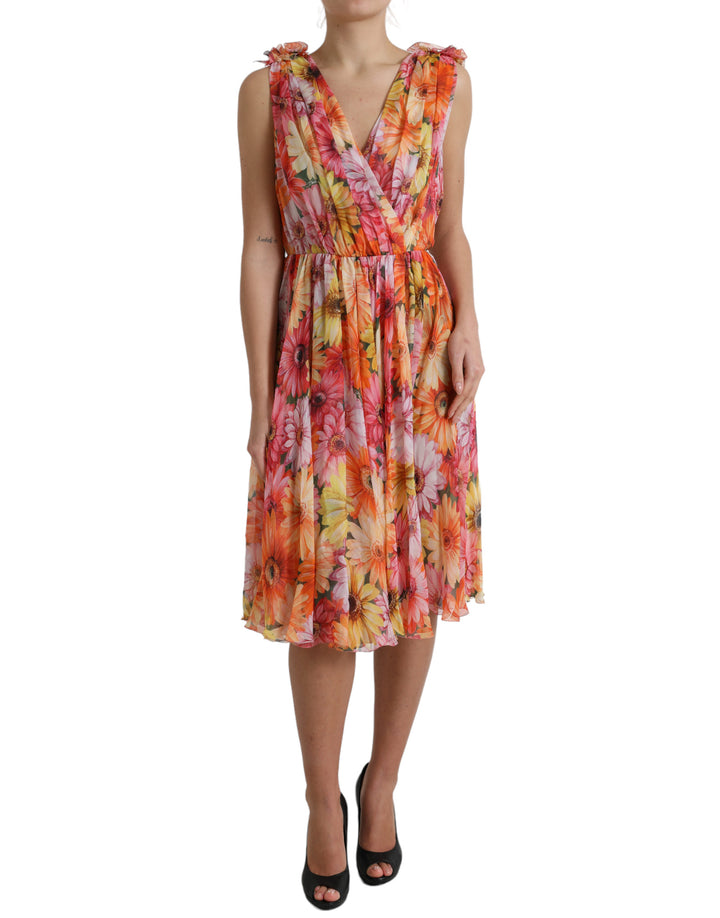 Elegant floral silk midi dress with V-neck