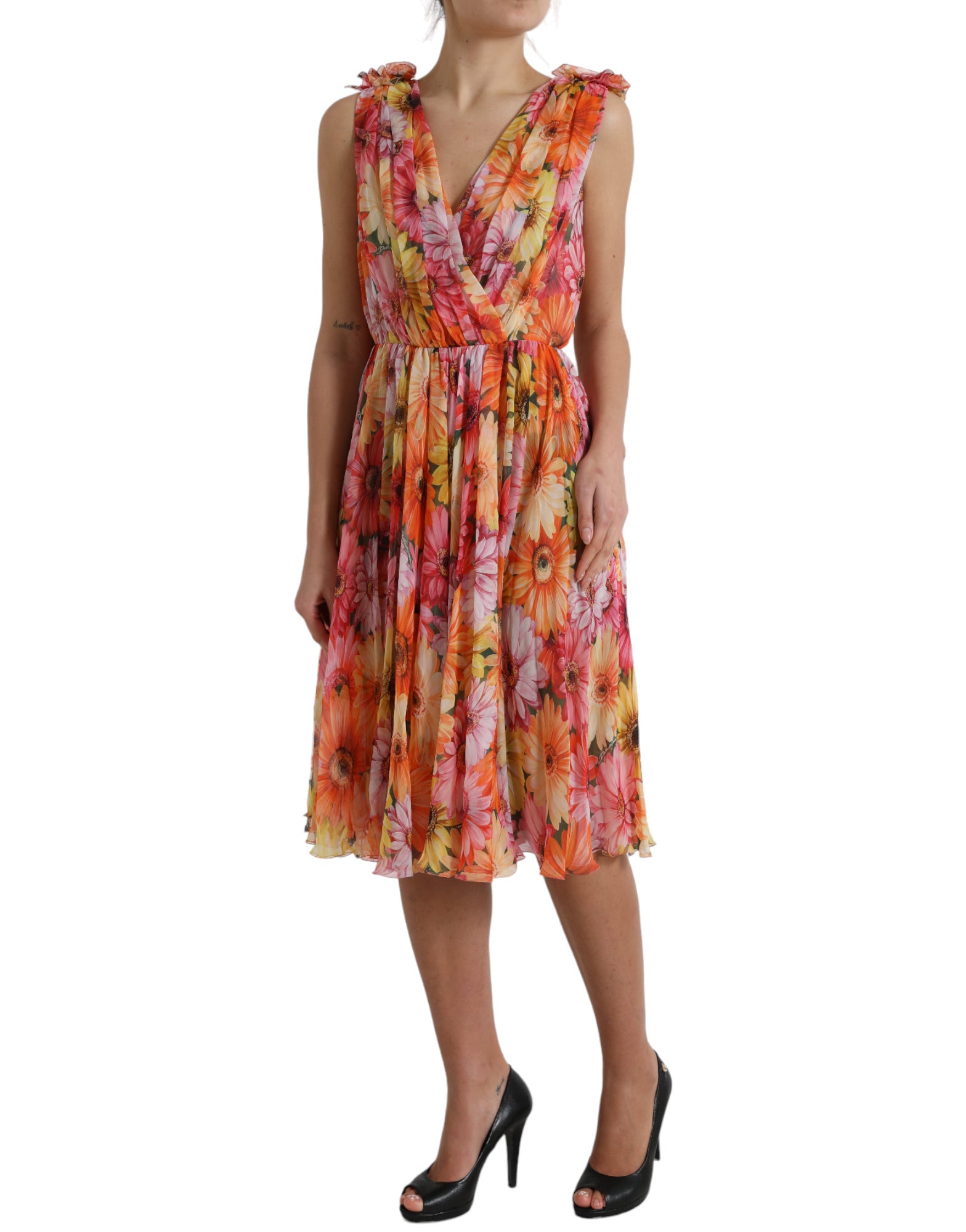 Elegant floral silk midi dress with V-neck