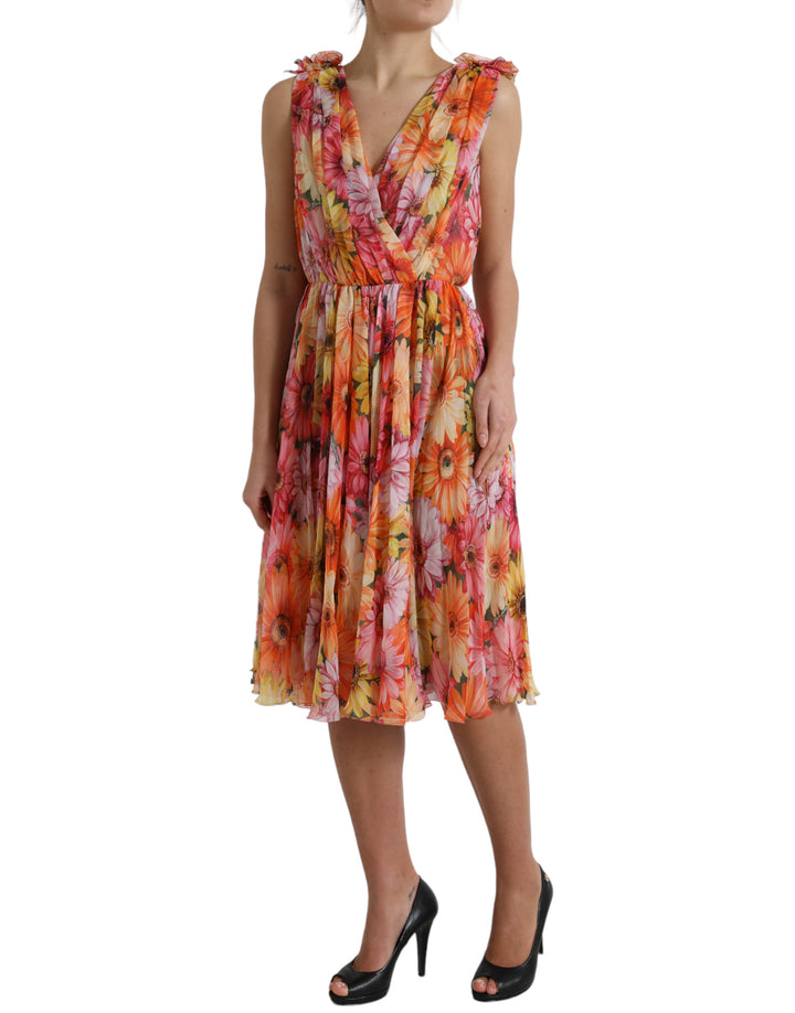 Elegant floral silk midi dress with V-neck