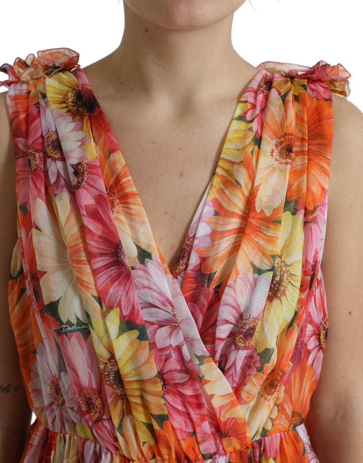 Elegant floral silk midi dress with V-neck
