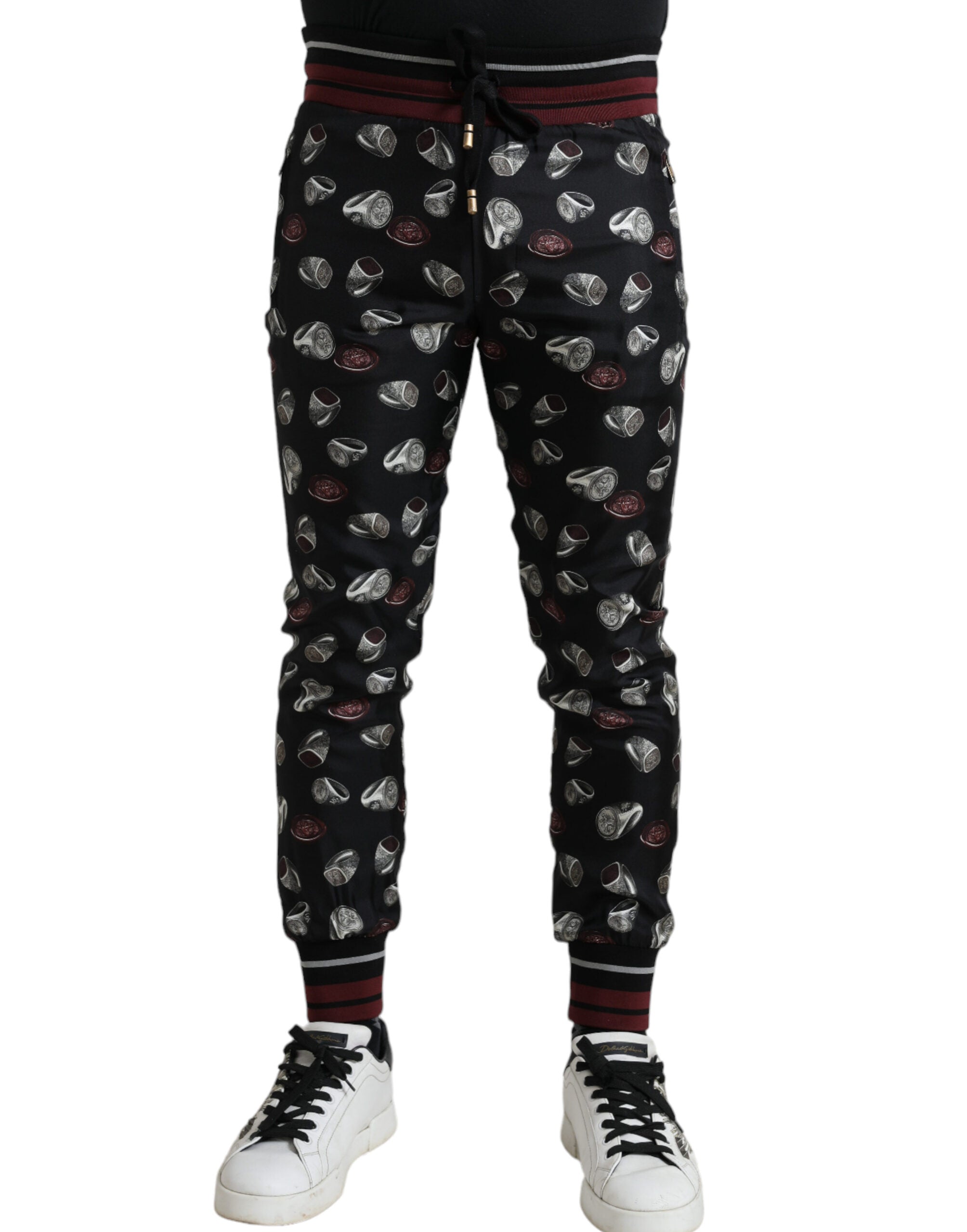 Elegant silk jogging pants with ring print