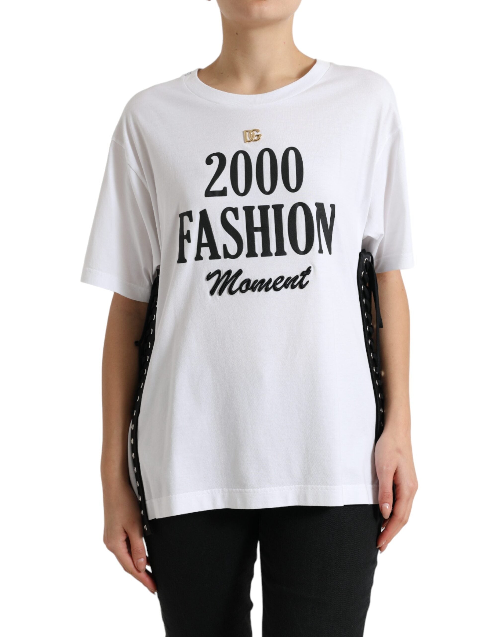 Elegant white cotton T-shirt with lacing