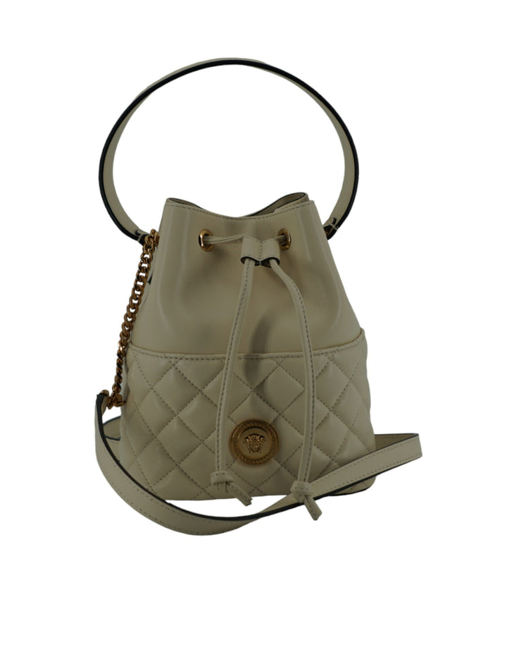 Elegant small bucket shoulder bag in white leather