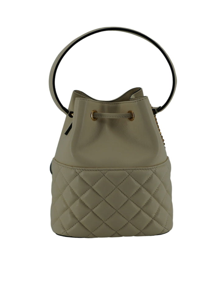 Elegant small bucket shoulder bag in white leather