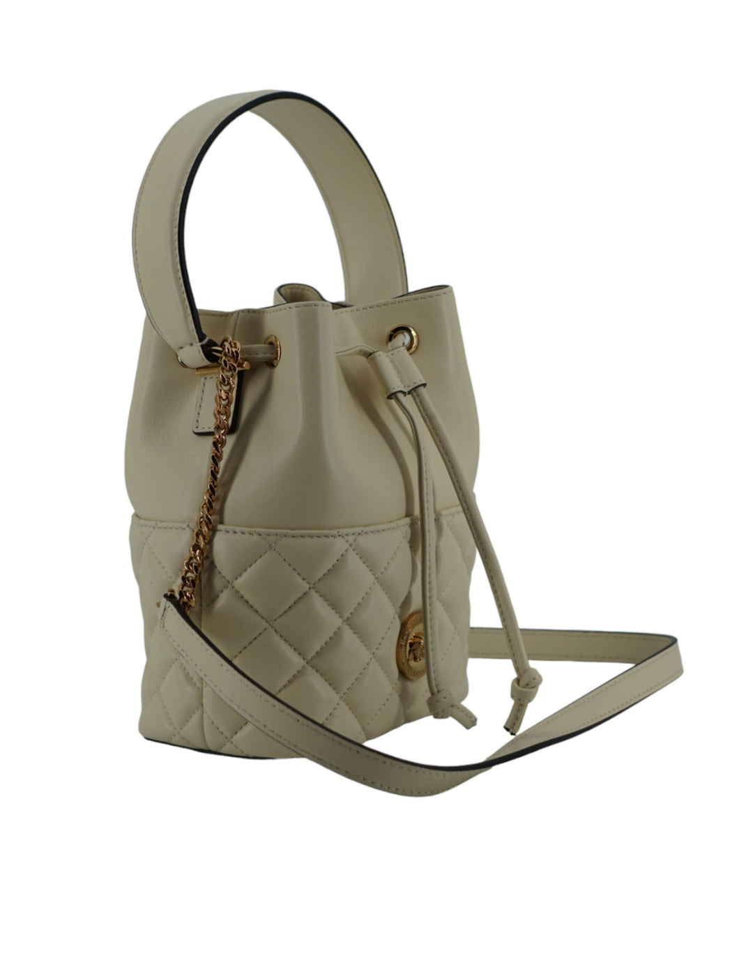 Elegant small bucket shoulder bag in white leather