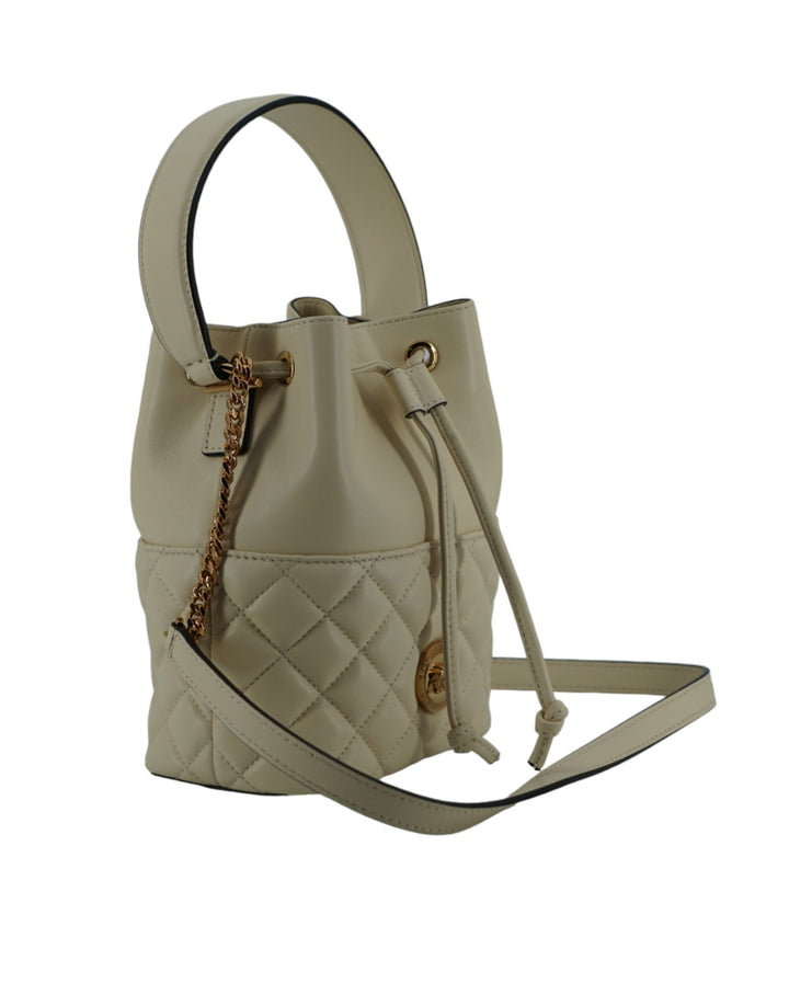 Elegant small bucket shoulder bag in white leather