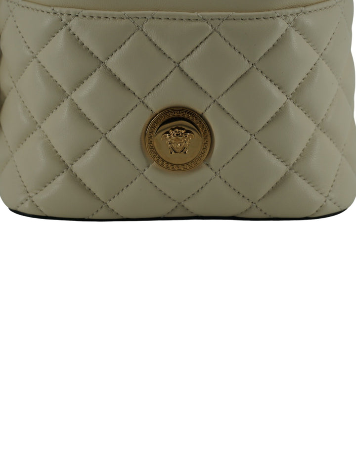 Elegant small bucket shoulder bag in white leather