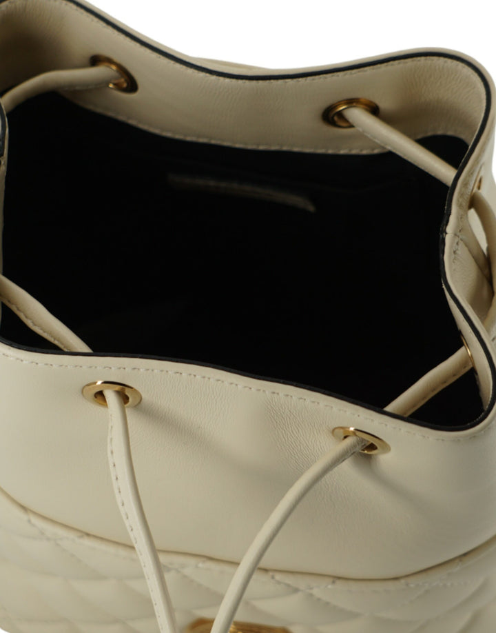 Elegant small bucket shoulder bag in white leather