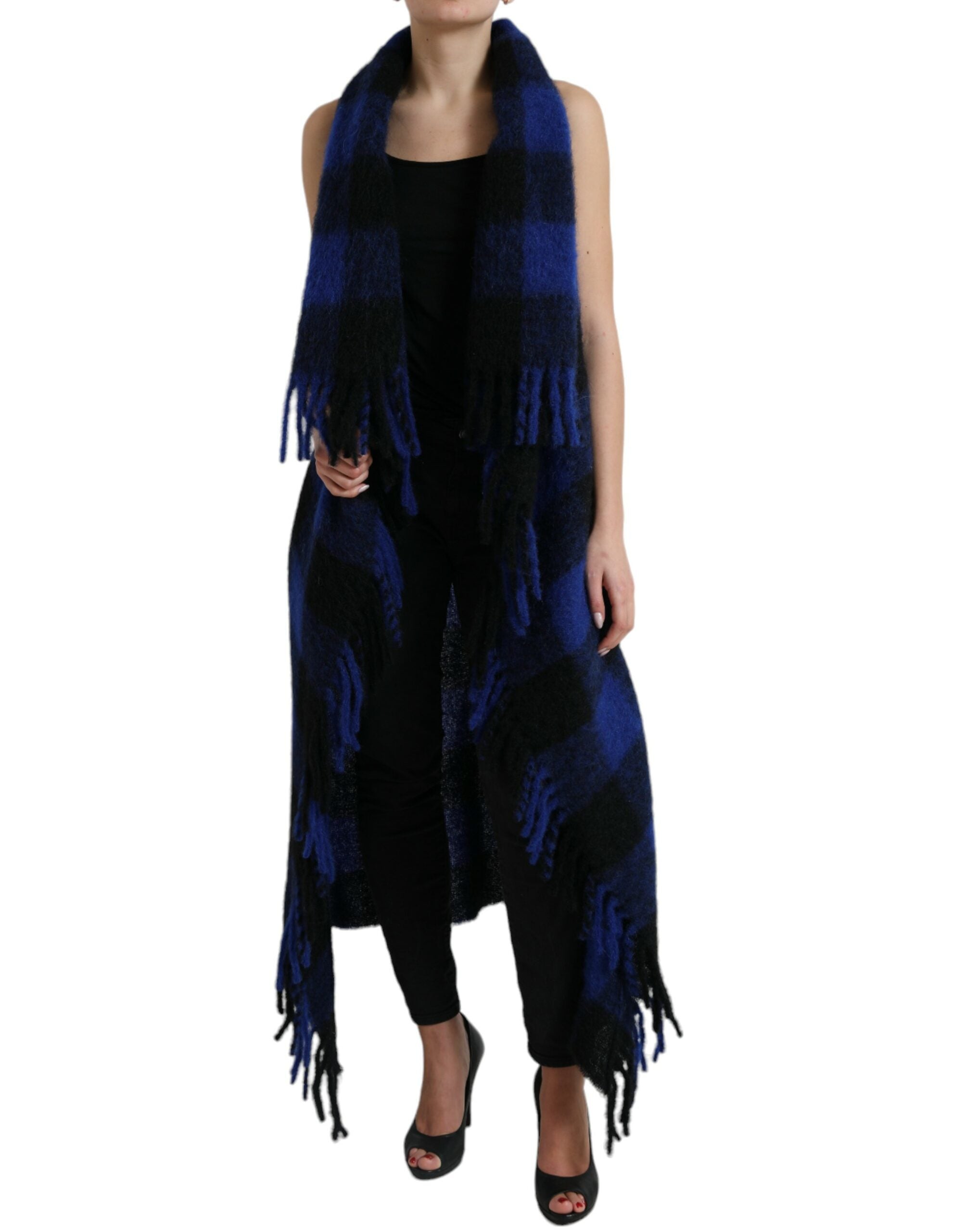 Elegant checked poncho cardigan with fringes